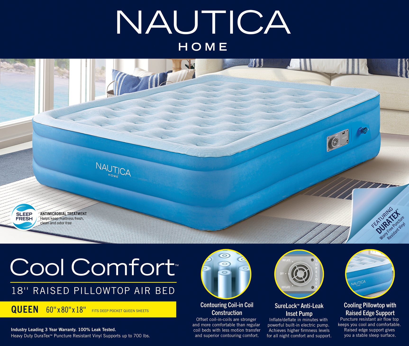 Nautica Cool Comfort Blue Pillowtop Air Mattress with Inset Pump - Ornate Home