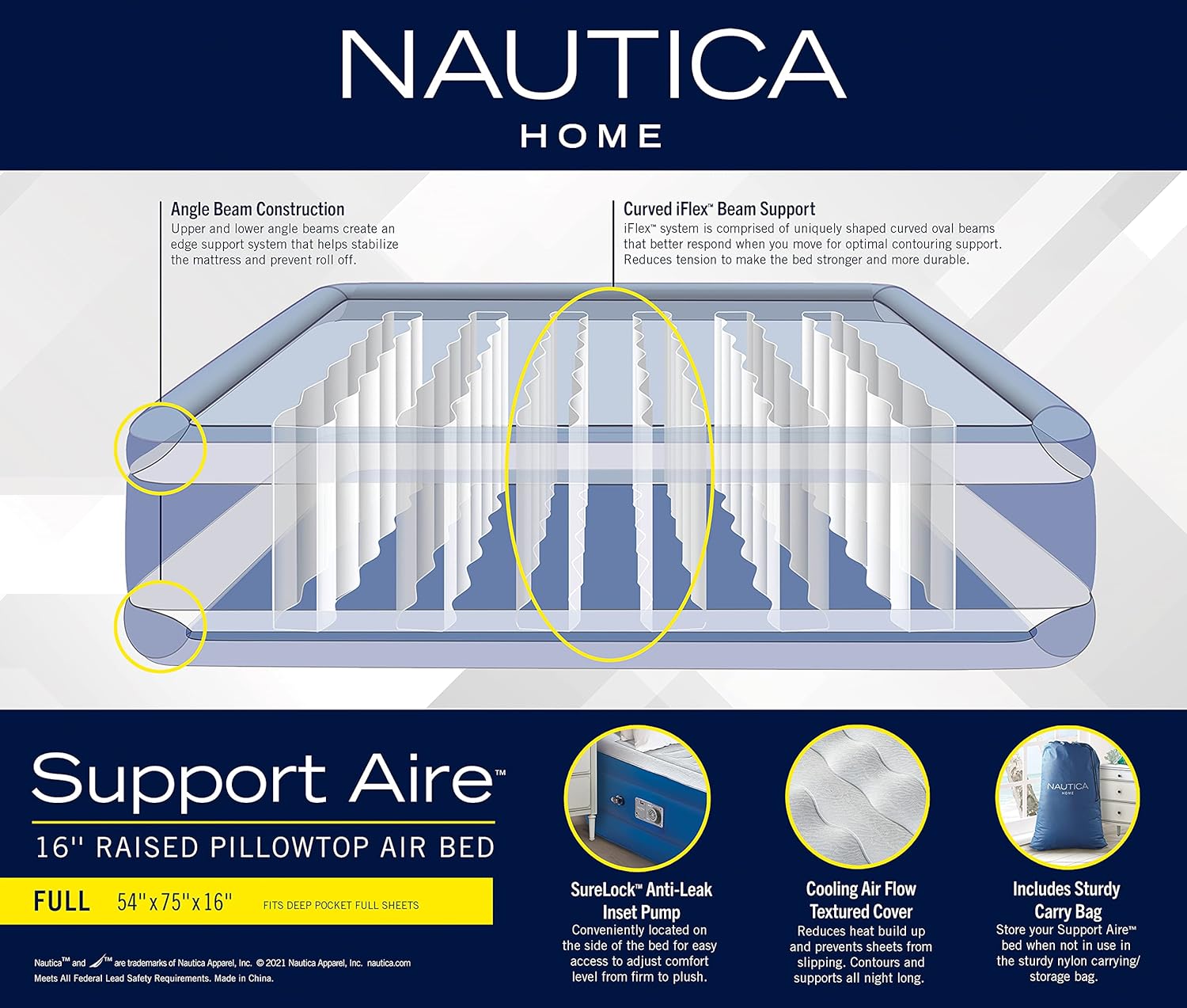 Nautica Home Full Support Aire 18" Cooling Pillow Top Air Mattress Inflatable Bed - Ornate Home