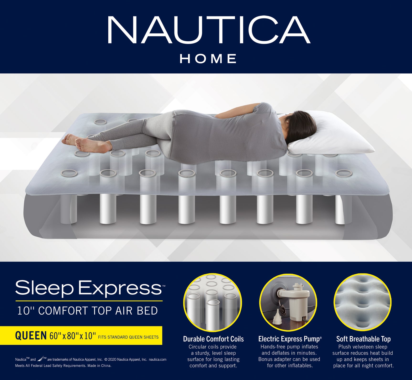 Nautica Home Sleep Express  Gray 10” Air Mattress with Express Pump - Ornate Home