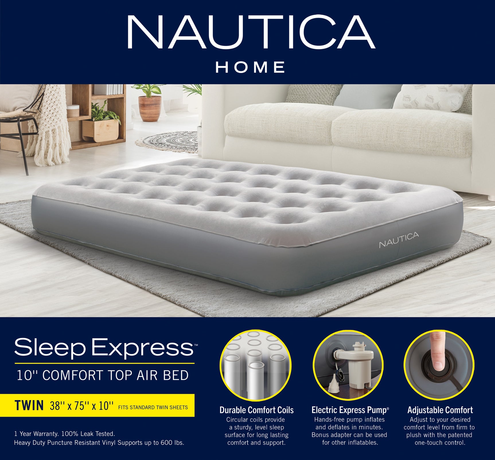 Nautica Home Sleep Express  Gray 10” Air Mattress with Express Pump - Ornate Home