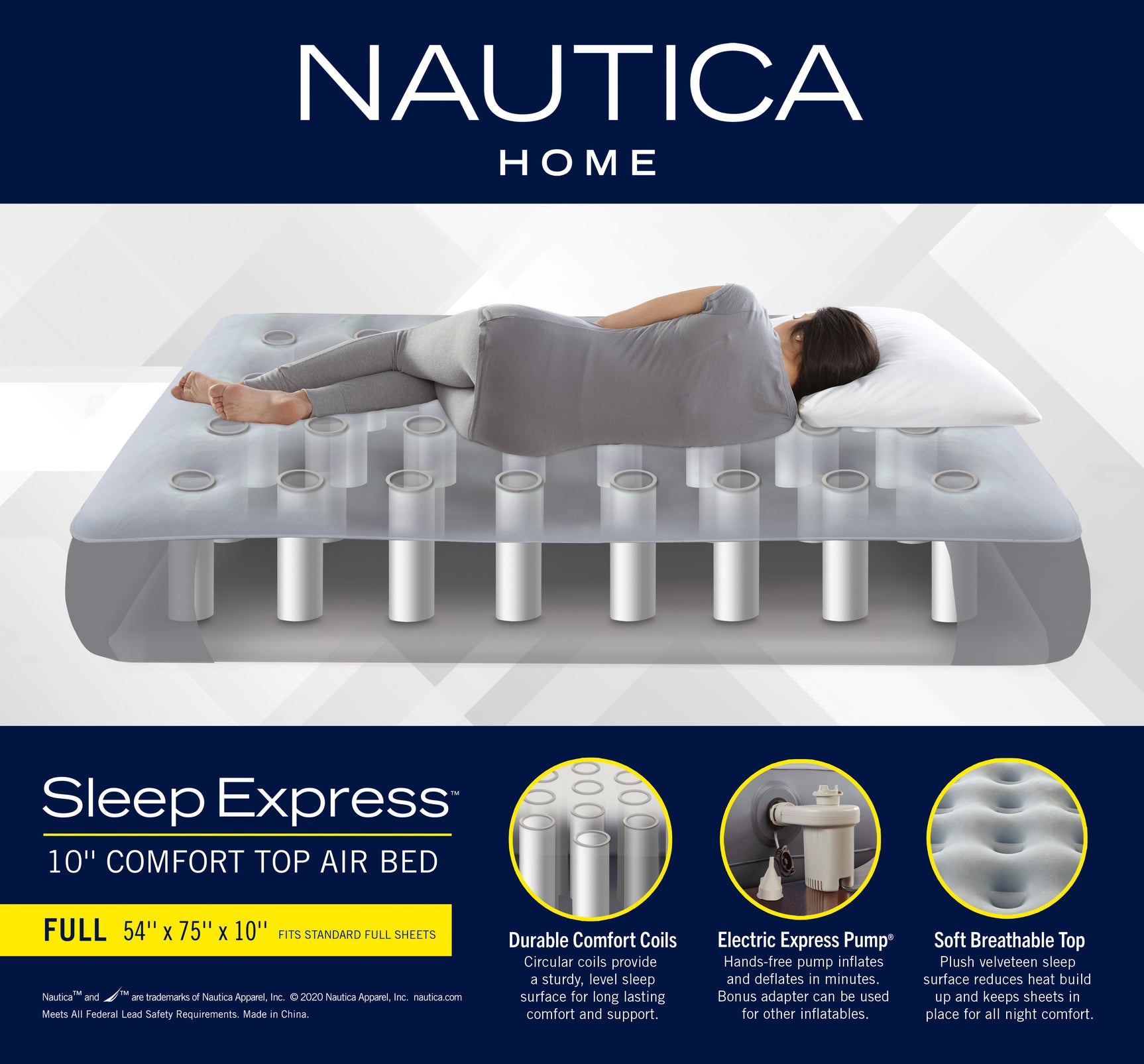Nautica Home Sleep Express  Gray 10” Air Mattress with Express Pump - Ornate Home