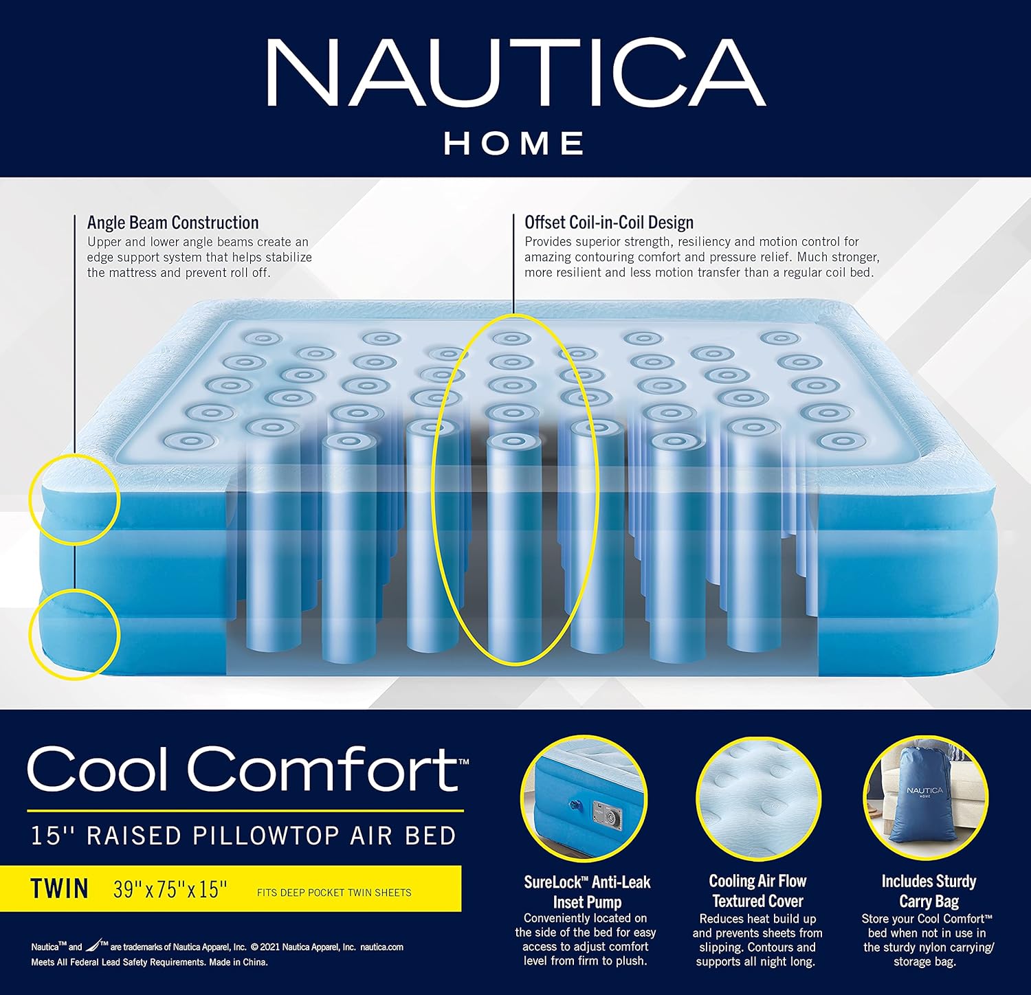 Nautica Home Twin Cool Comfort 15" Premium Air Mattress Inflatable Bed - Ornate Home