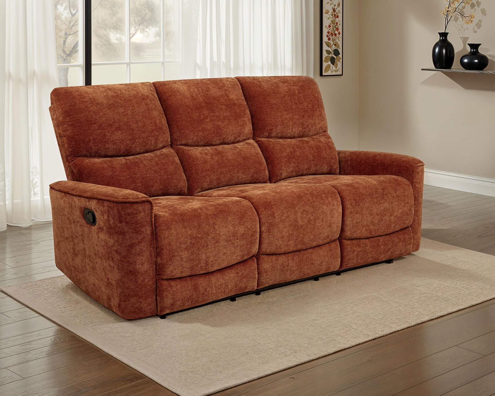 Navarro Burnt Orange Chenille Upholstered Reclining Sofa - Ornate Home