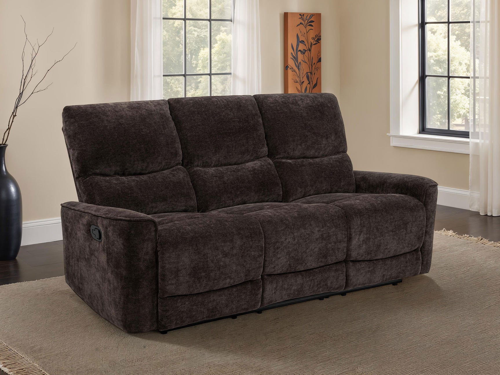 Navarro Dark Brown Chenille Upholstered Reclining Sofa - Ornate Home