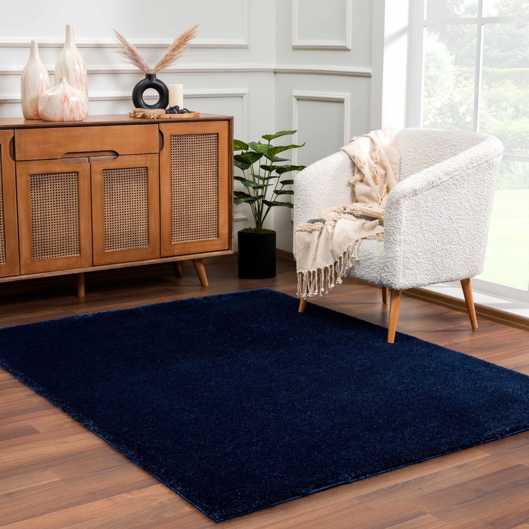 Navero Dark Blue Subtle Wavy Abstract Modern Minimalist Polyester Machine Woven Area Rug - Clearance - Ornate Home