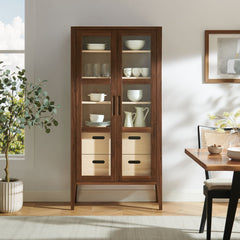 Nell Walnut 71" Glass Door Tall Display Storage Cabinet - Ornate Home