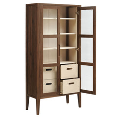 Nell Walnut 71" Glass Door Tall Display Storage Cabinet - Ornate Home