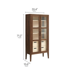 Nell Walnut 71" Glass Door Tall Display Storage Cabinet - Ornate Home