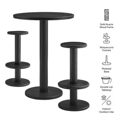 Neo Black 3-Piece Round Indoor - Outdoor Patio Wood Bar Table And Stool Set - Ornate Home