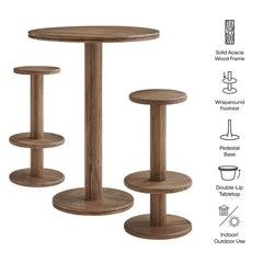 Neo Cocoa Brown 3-Piece Round Indoor - Outdoor Patio Wood Bar Table And Stool Set - Ornate Home