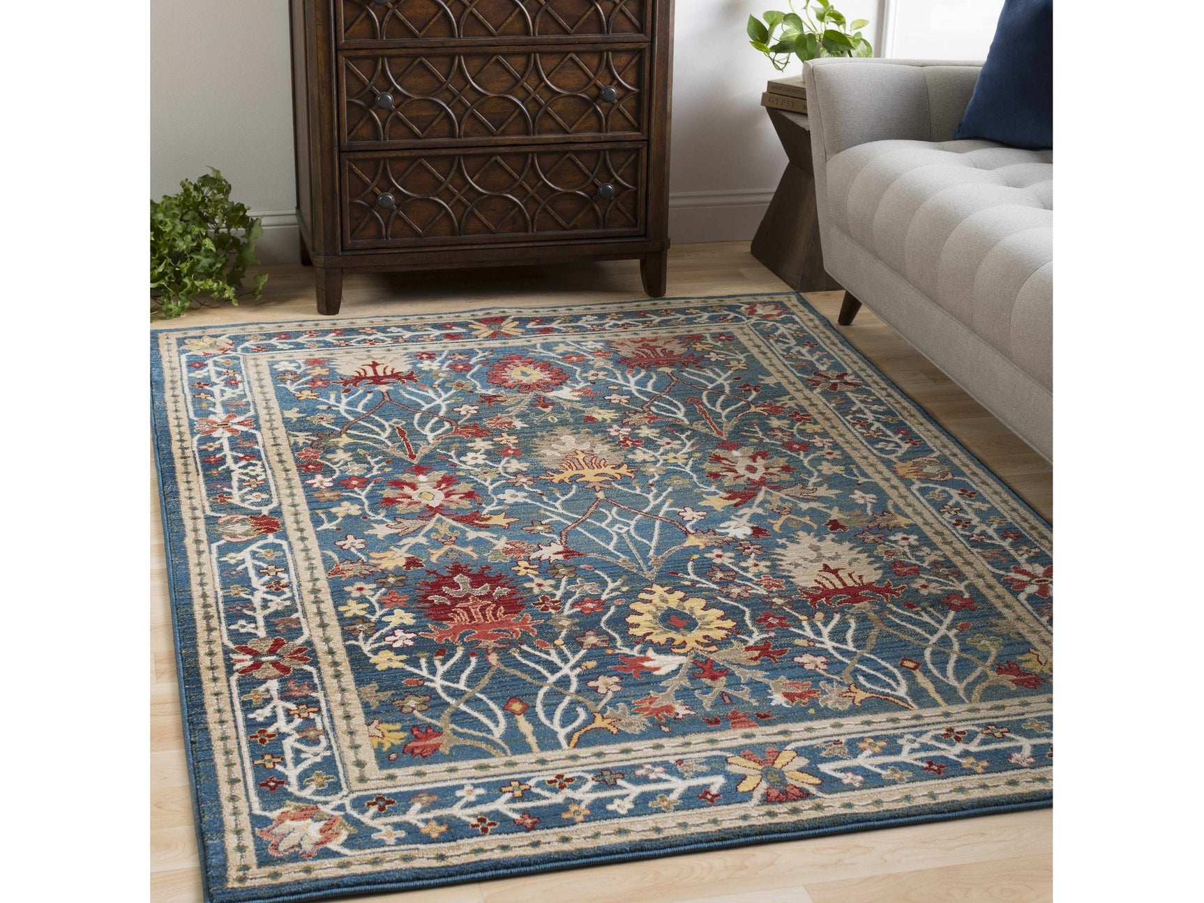 Neola Navy Blue Damask Area Rug - Ornate Home