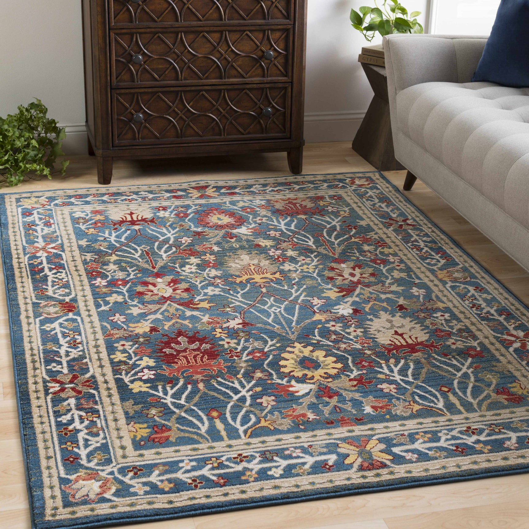 Neola Navy Blue Damask Area Rug - Ornate Home