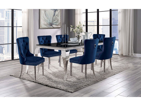 Neuveville Black/Chrome Table and Navy Chairs 7-piece Dining Room Set - Ornate Home
