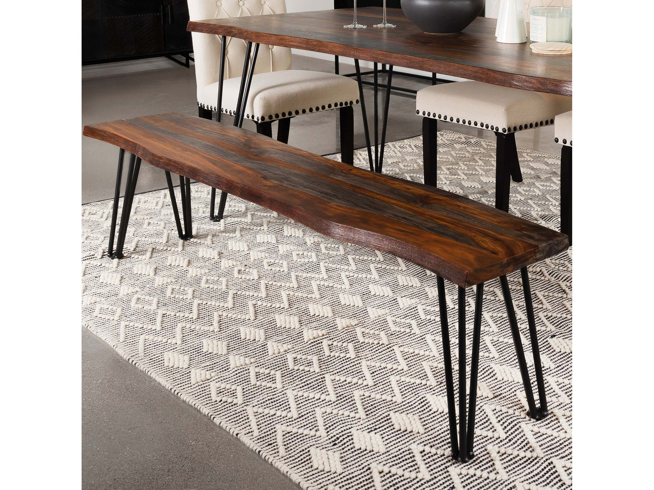 Neve Grey Sheesham Live Edge Wood Dining Bench Hairpin Legs - Ornate Home