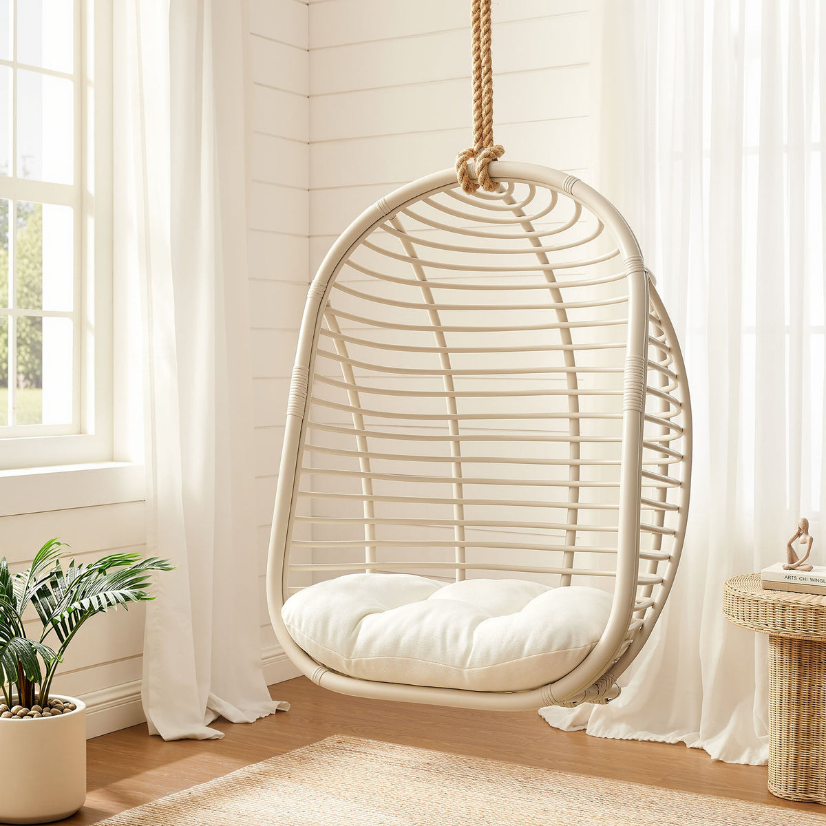 Neve Light Tan White Open Rib Weave Natural Rattan Hanging Chair