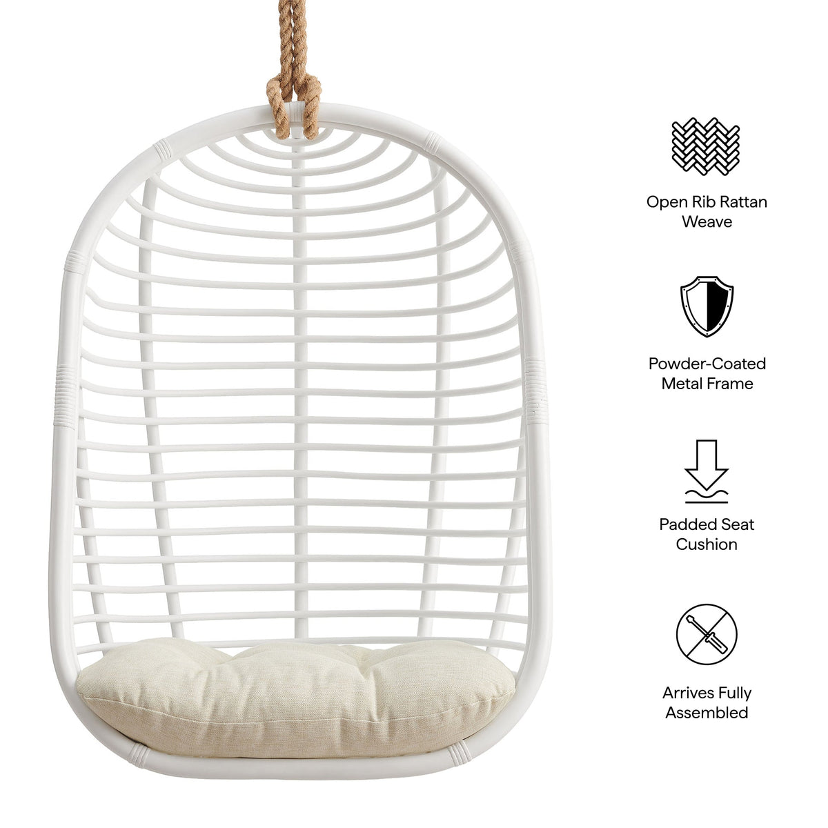 Neve White Light Beige Open Rib Weave Natural Rattan Hanging Chair