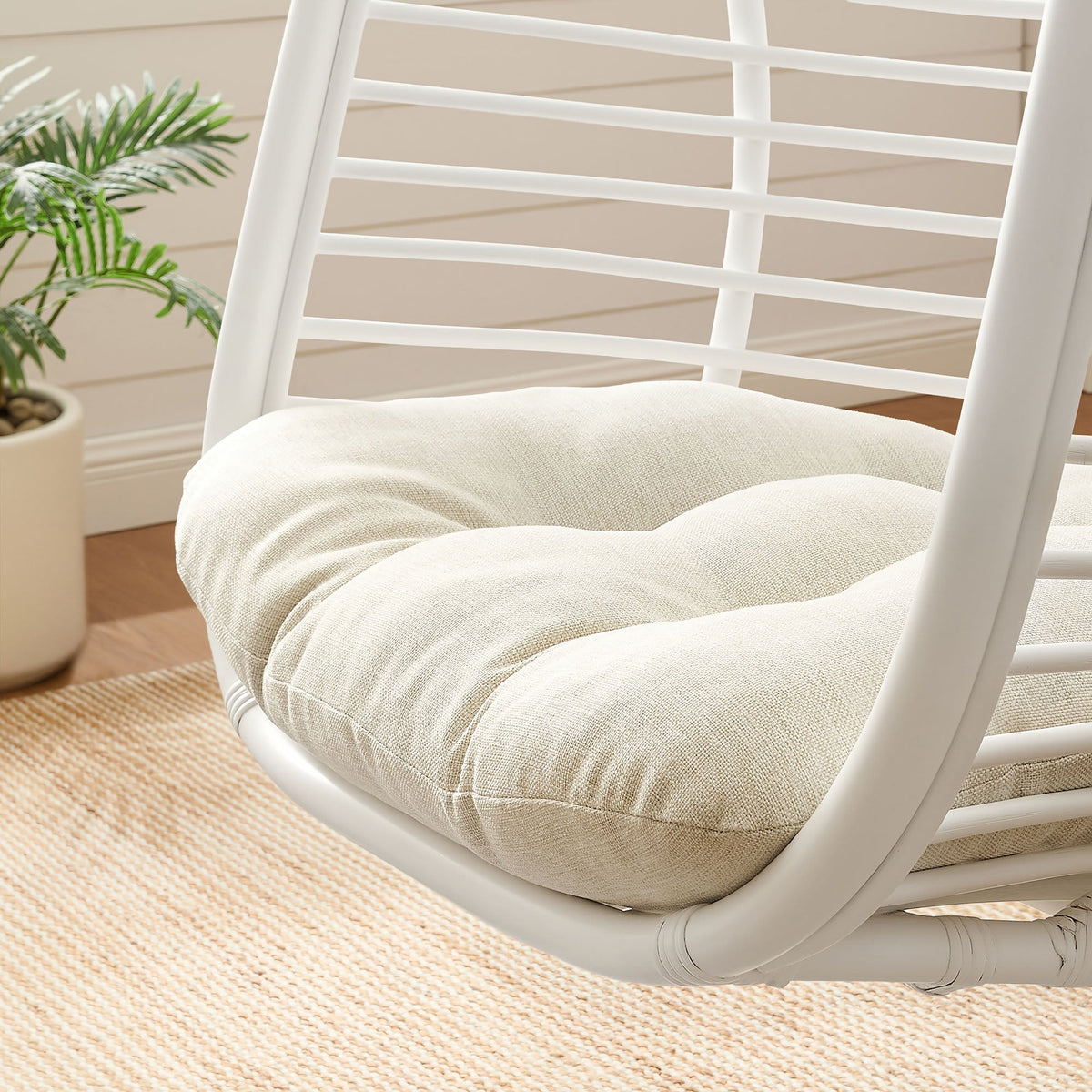 Neve White Light Beige Open Rib Weave Natural Rattan Hanging Chair