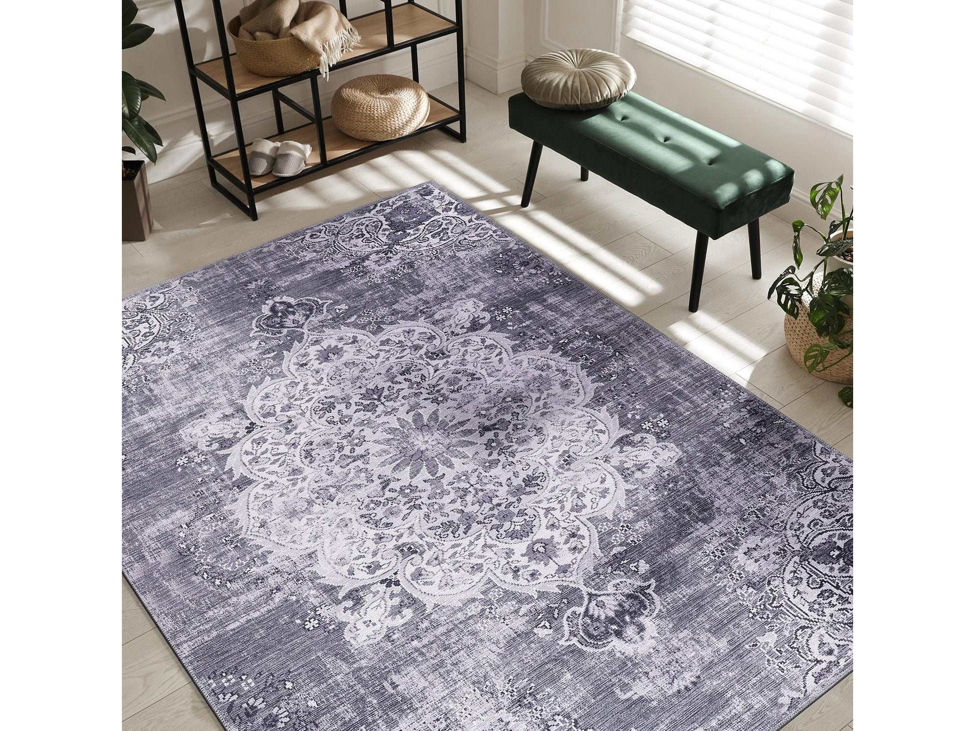 Rain Gray/White Modern Bohemian Non-Slip Indoor Area Rugs - Ornate Home