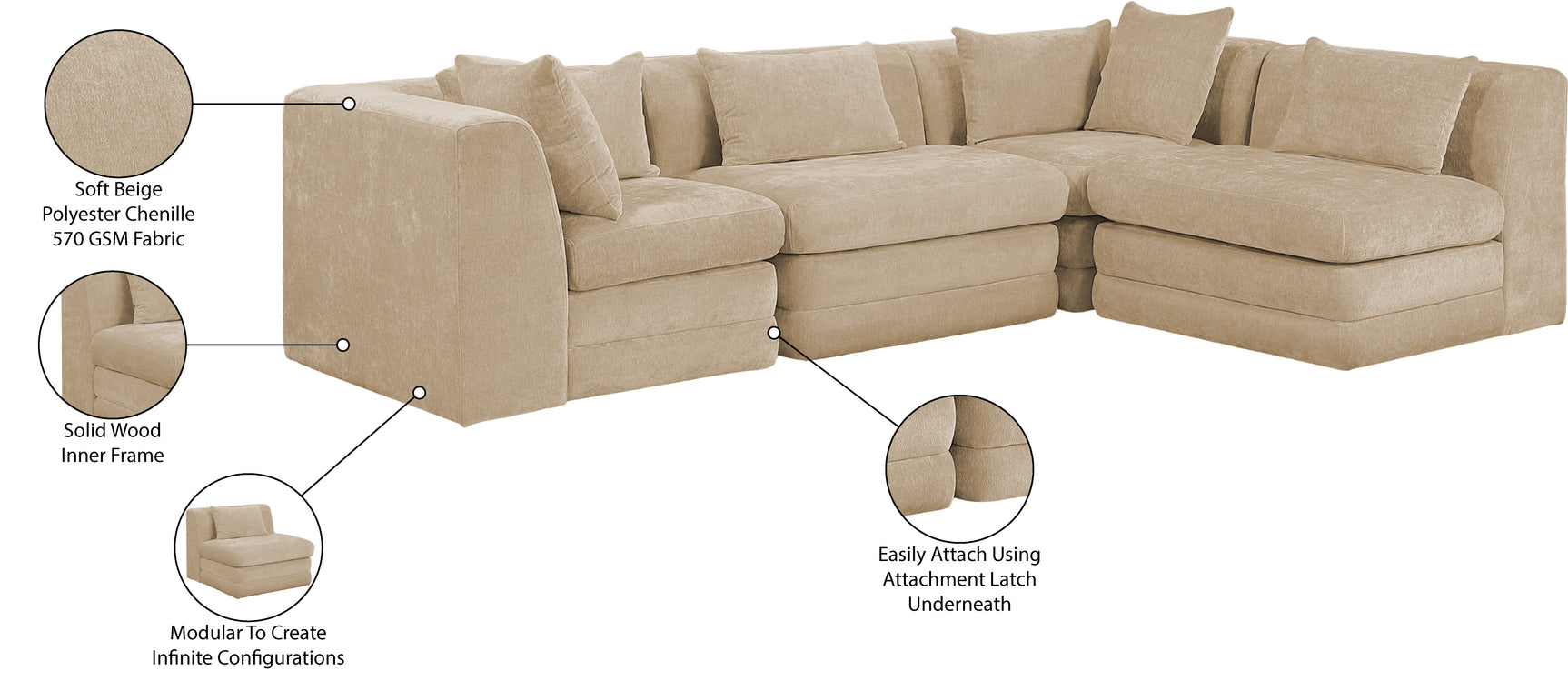 Newport Beige 114" Chenille Fabric Upholstered 4-Piece L Shaped Modular Sectional - Ornate Home