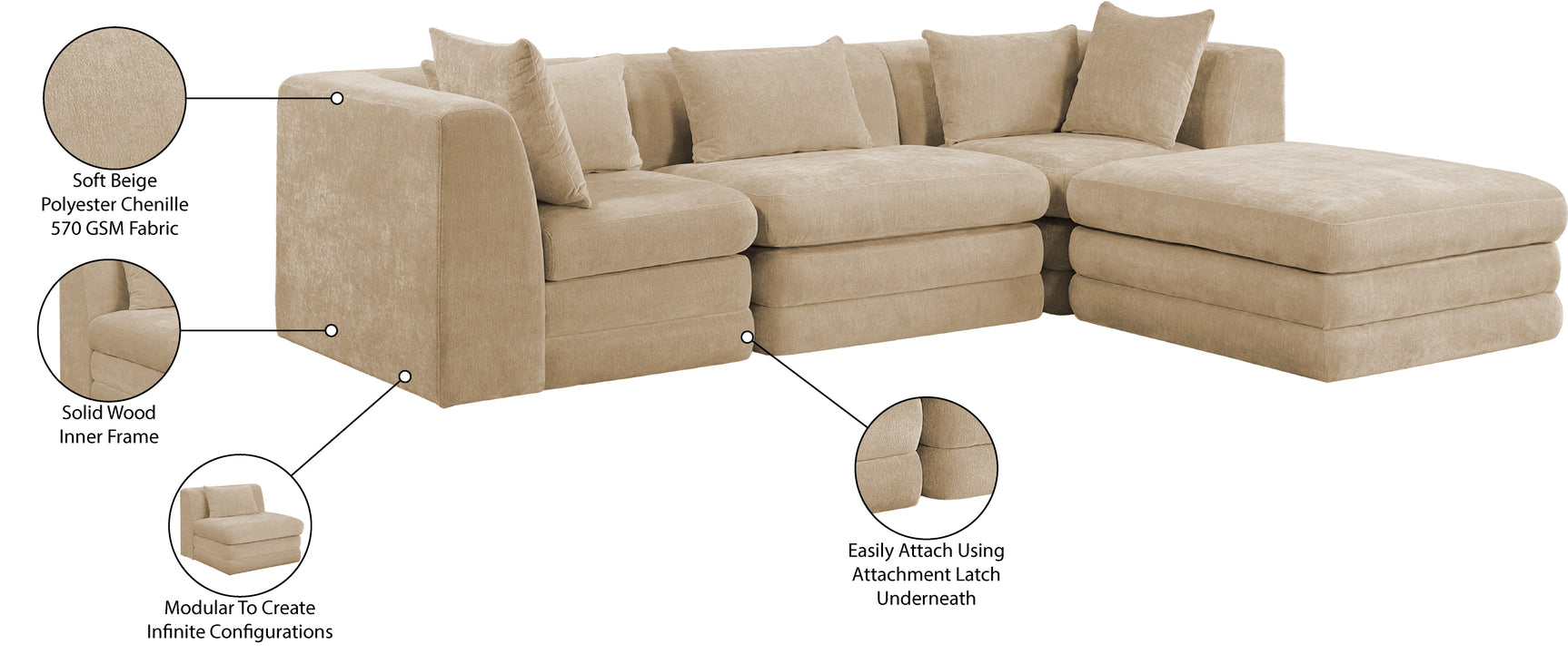 Newport Beige 114" Chenille Fabric Upholstered 4-Piece Modular Sectional - Ornate Home