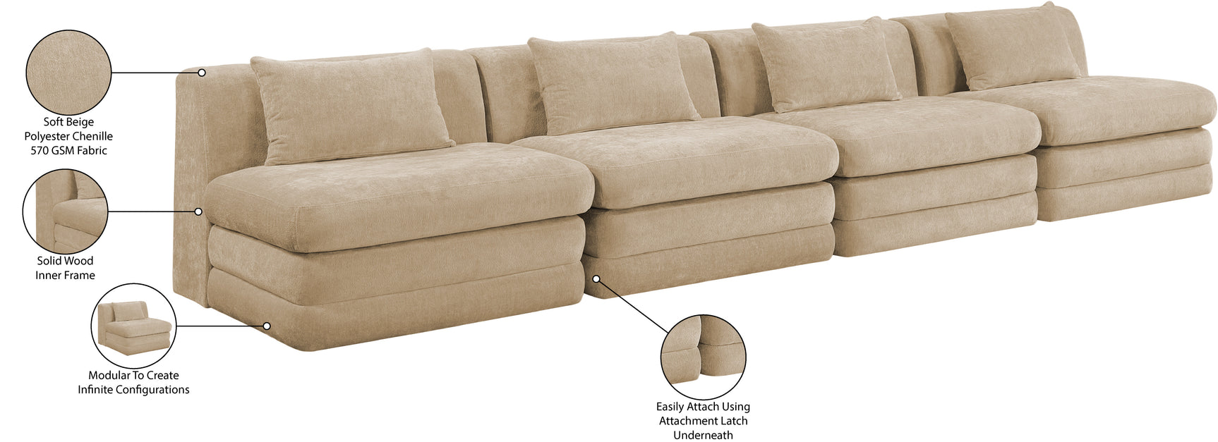 Newport Beige 152" Chenille Fabric Upholstered 4-Piece Armless Modular Sofa - Ornate Home