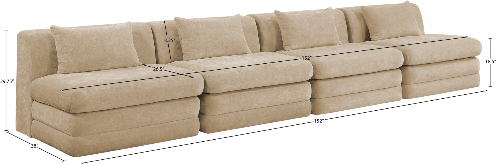 Newport Beige 152" Chenille Fabric Upholstered 4-Piece Armless Modular Sofa - Ornate Home