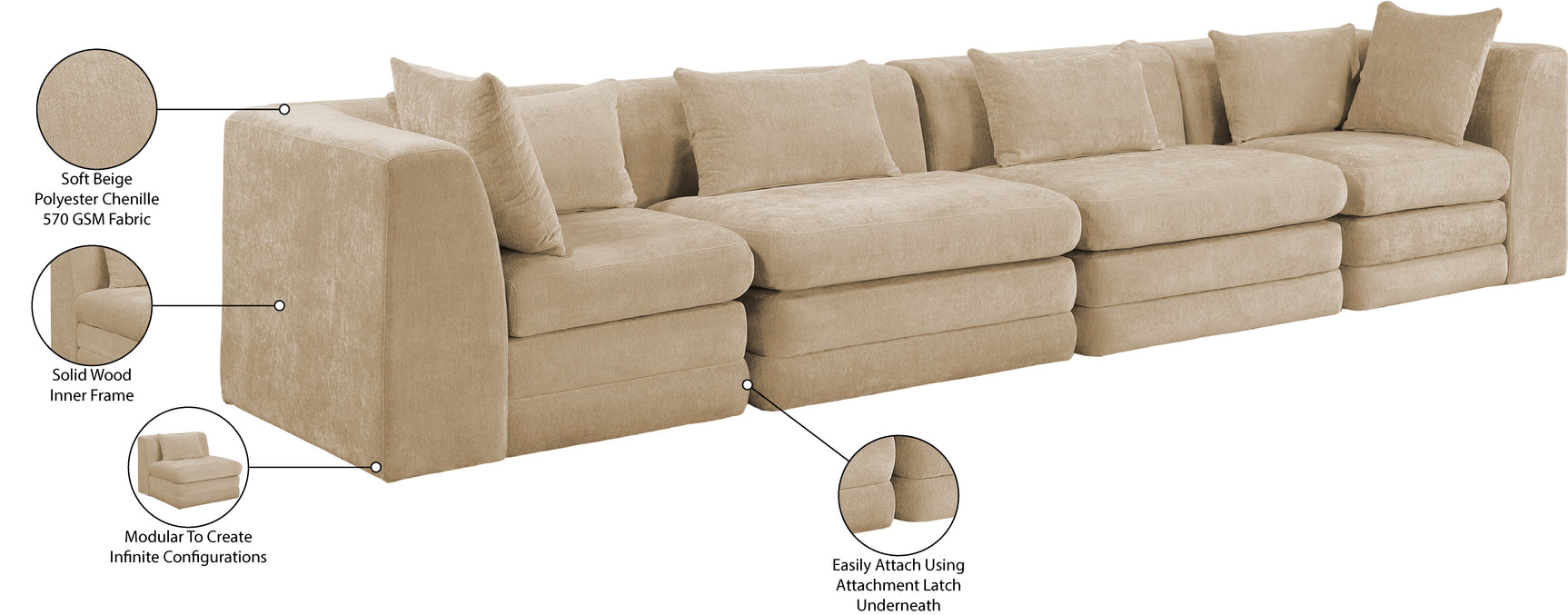 Newport Beige 152" Chenille Fabric Upholstered 4-Piece Modular Sofa - Ornate Home