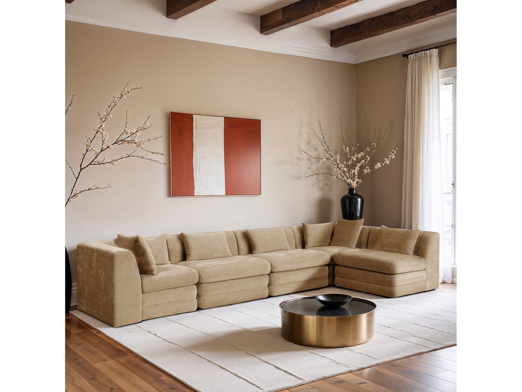 Newport Beige 152" Chenille Fabric Upholstered 5-Piece Modular Sectional - Ornate Home