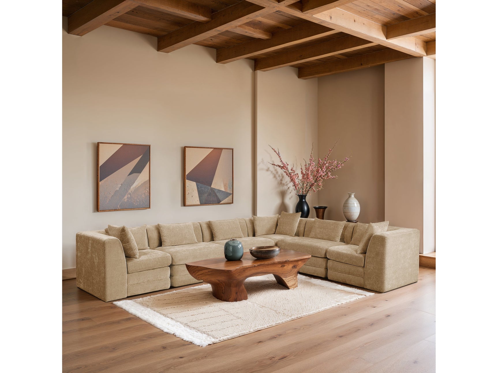 Newport Beige 152" Chenille Fabric Upholstered 6-Piece L Shaped Modular Sectional - Ornate Home