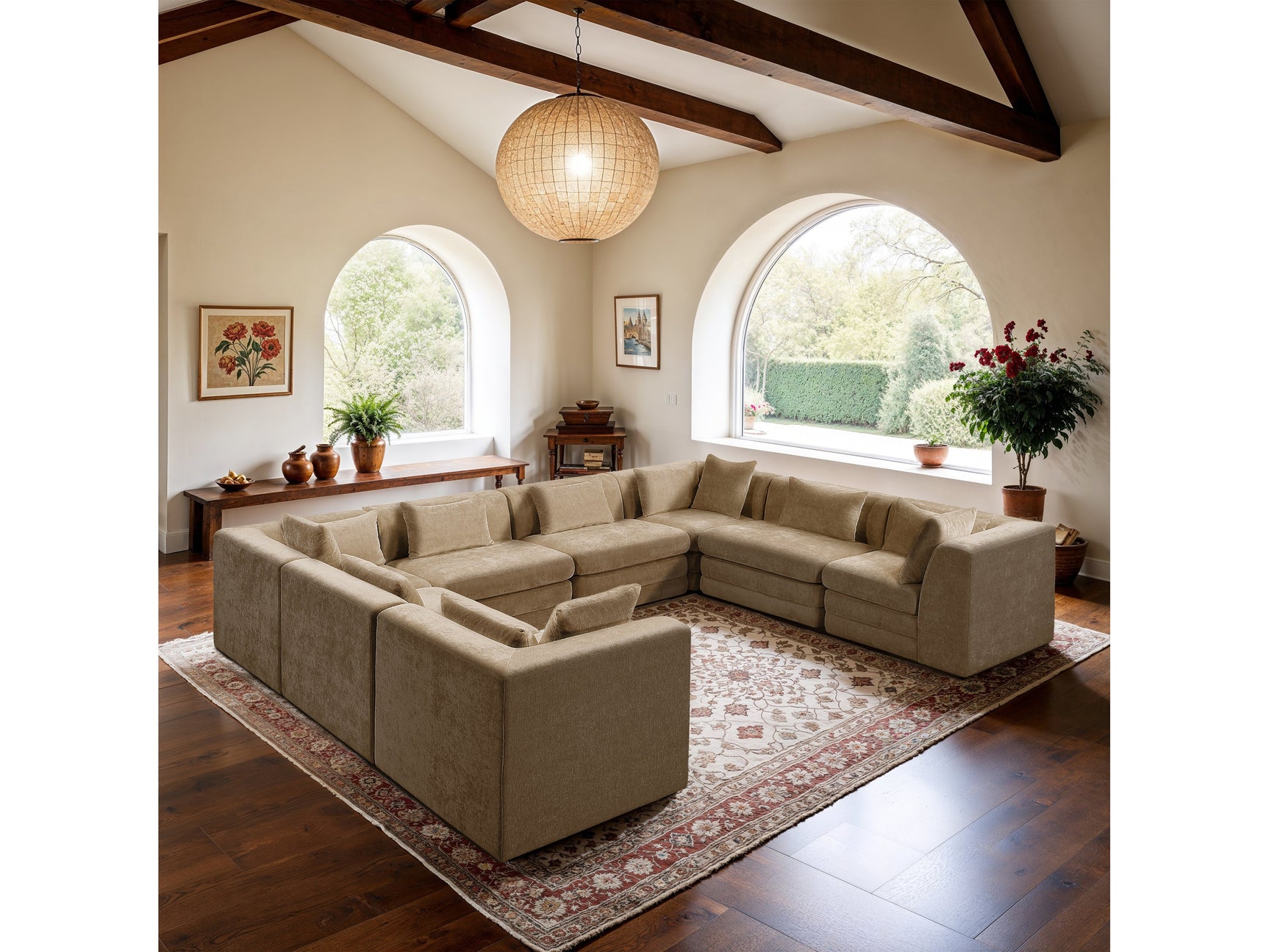 Newport Beige 152" Chenille Fabric Upholstered 8-Piece Modular Sectional - Ornate Home