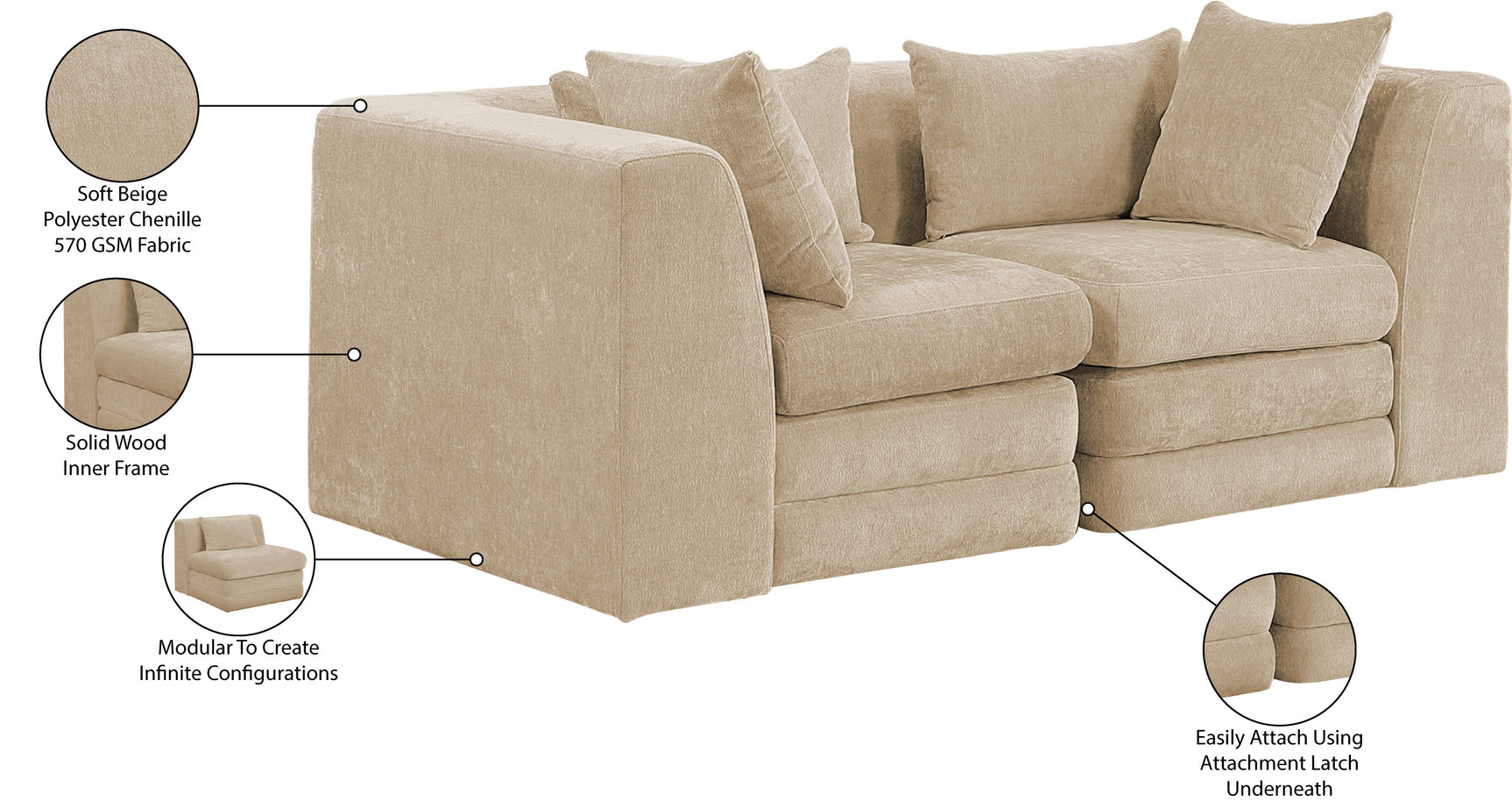 Newport Beige 76" Chenille Fabric Upholstered 2-Piece Modular Loveseat - Ornate Home