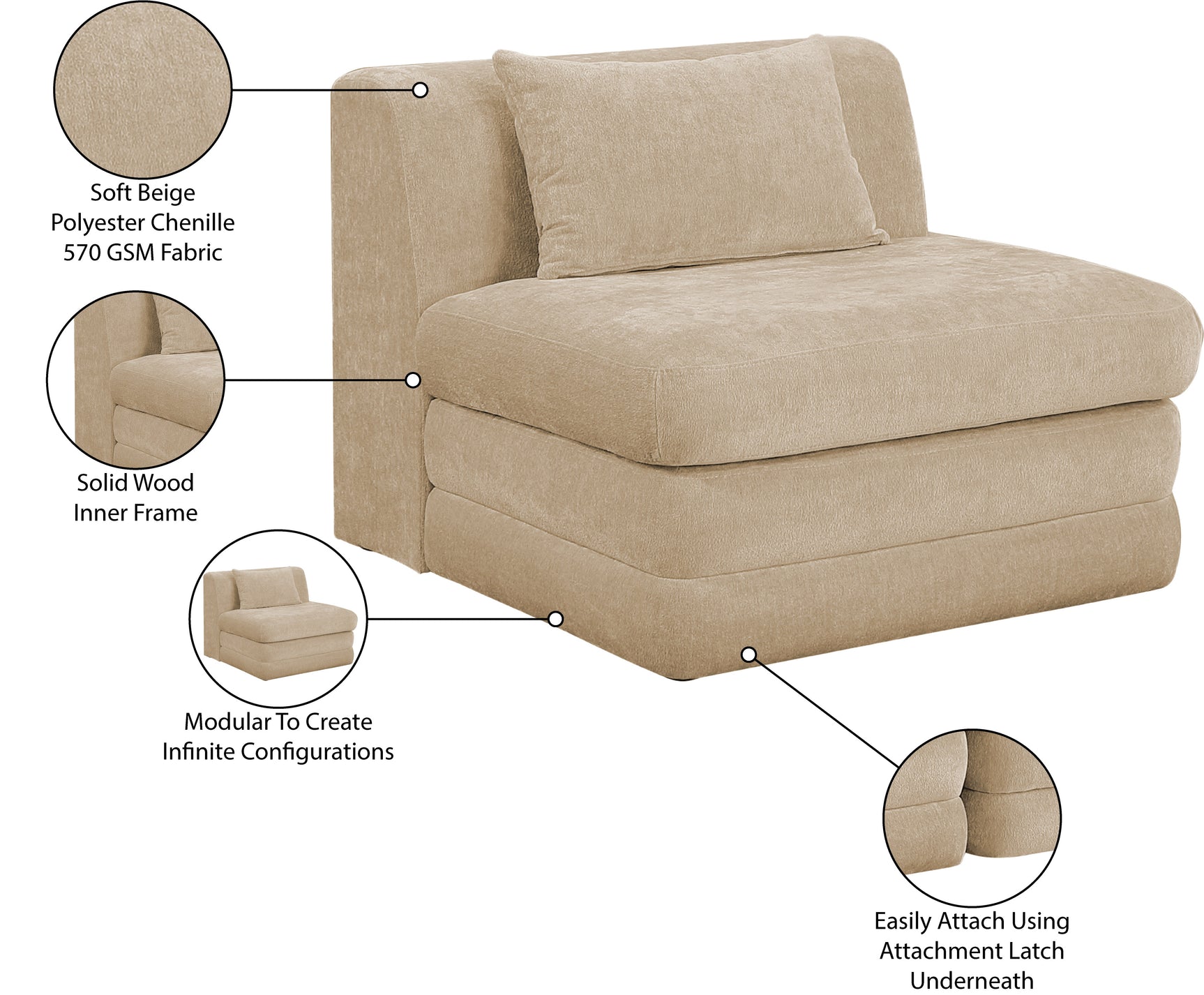 Newport Beige Fabric Upholstered Modular Armless Chair - Ornate Home
