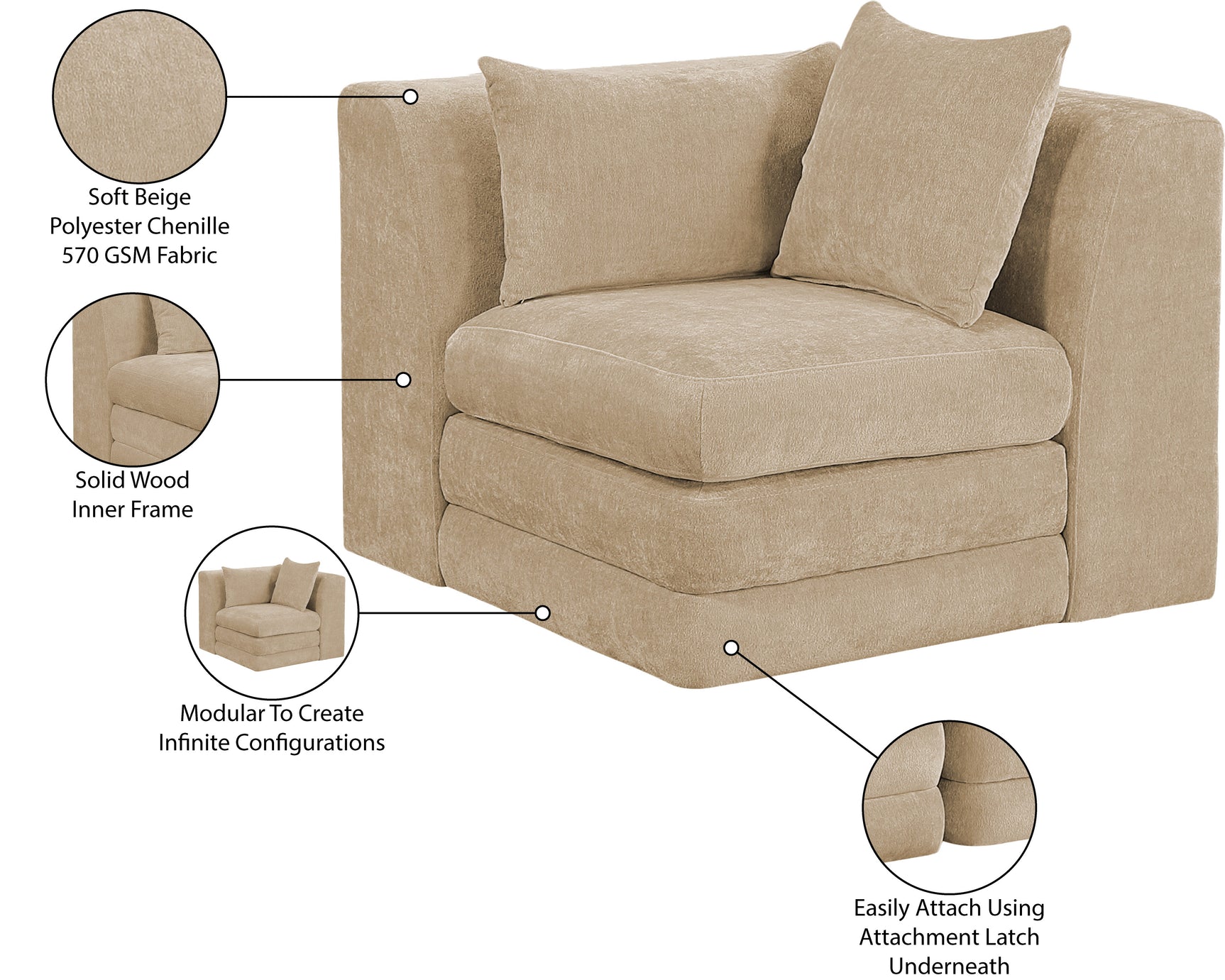 Newport Beige Fabric Upholstered Modular Corner Chair - Ornate Home