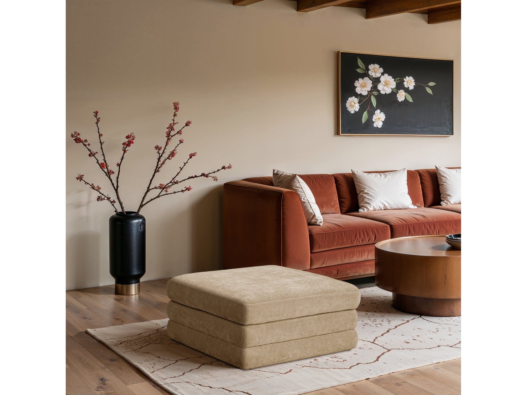 Newport Beige Fabric Upholstered Modular Ottoman - Ornate Home