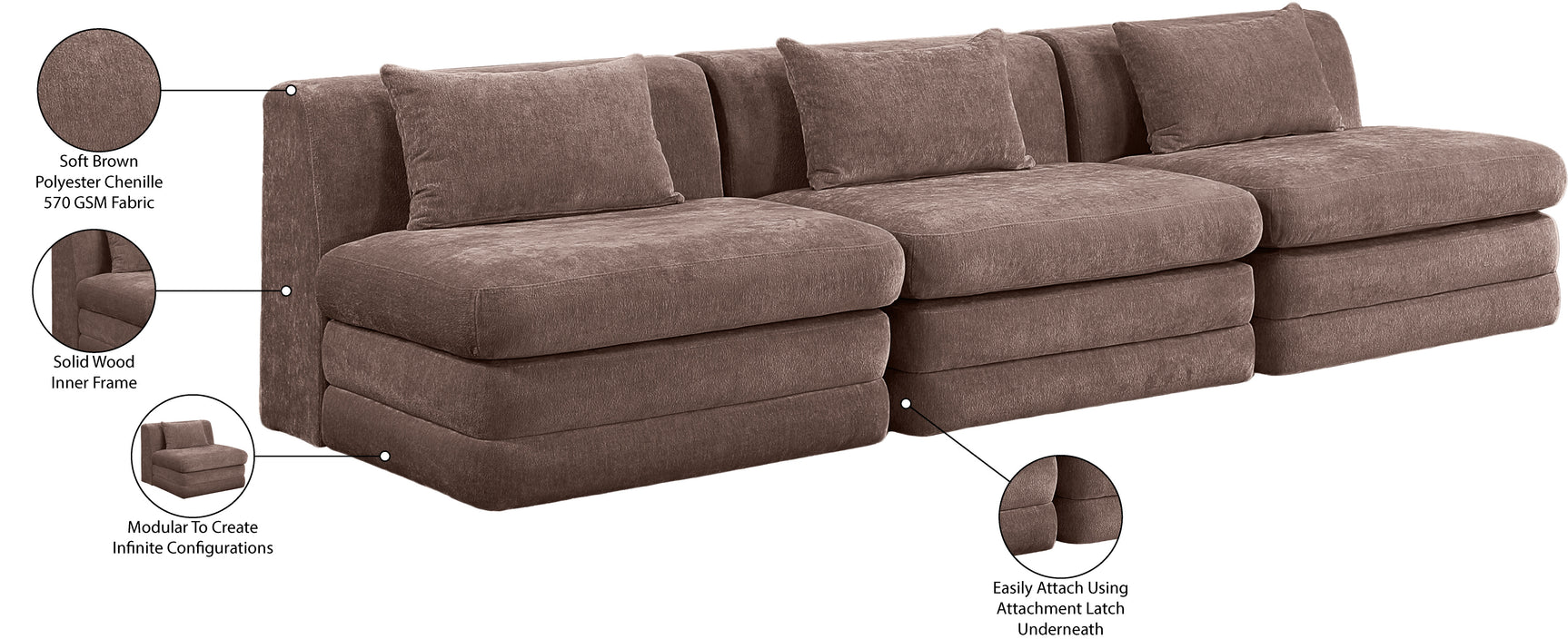 Newport Brown 114" Chenille Fabric Upholstered 3-Piece Armless Modular Sofa - Ornate Home