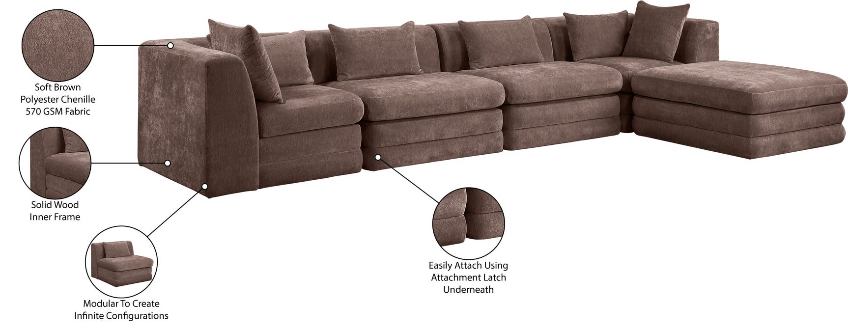 Newport Brown 152" Chenille Fabric Upholstered 5-Piece Modular Sectional - Ornate Home