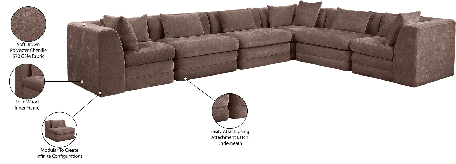 Newport Brown 152" Chenille Fabric Upholstered 6-Piece L Shaped Modular Sectional - Ornate Home