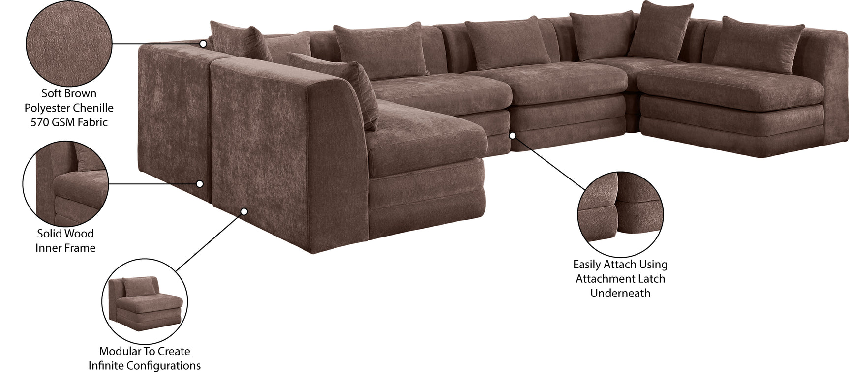 Newport Brown 152" Chenille Fabric Upholstered 6-Piece U Shaped Modular Sectional - Ornate Home