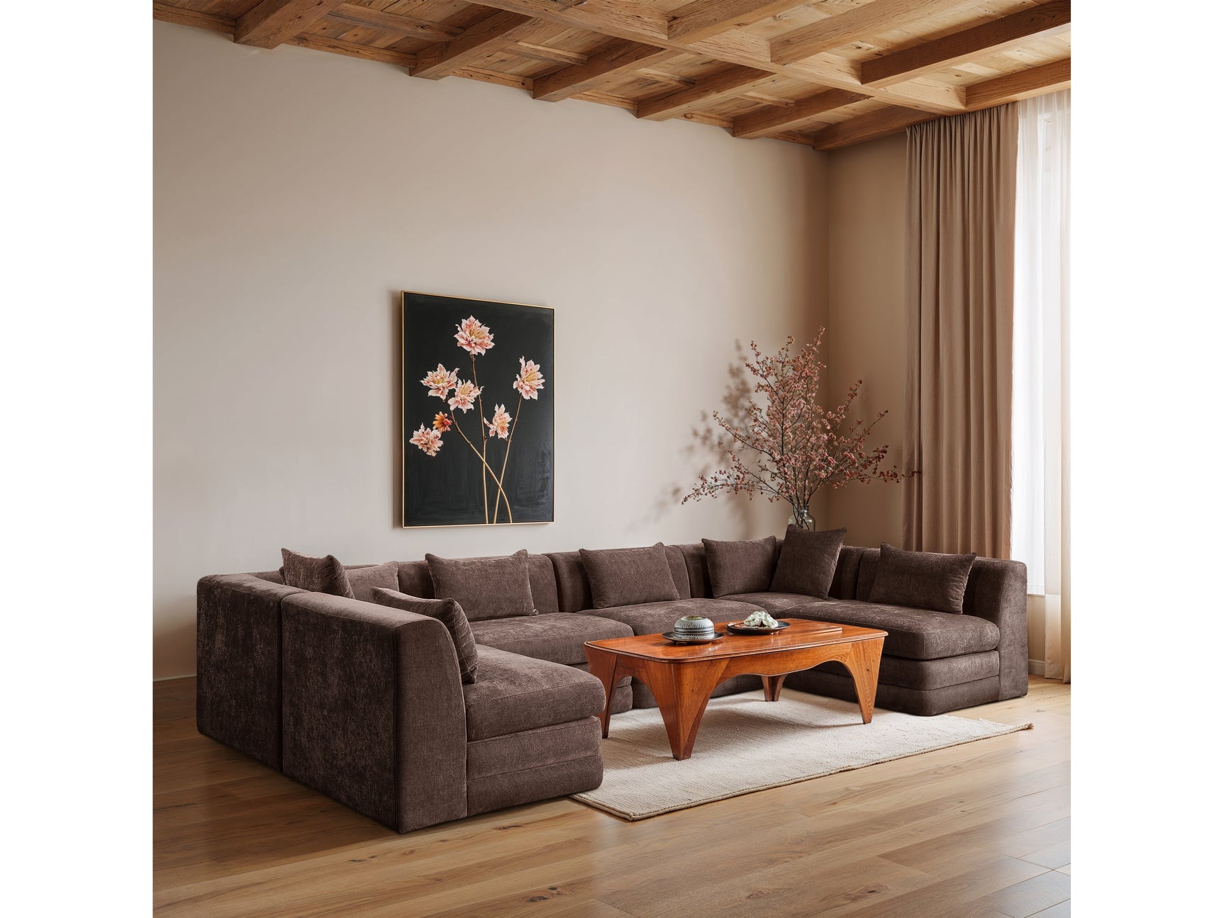 Newport Brown 152" Chenille Fabric Upholstered 6-Piece U Shaped Modular Sectional - Ornate Home