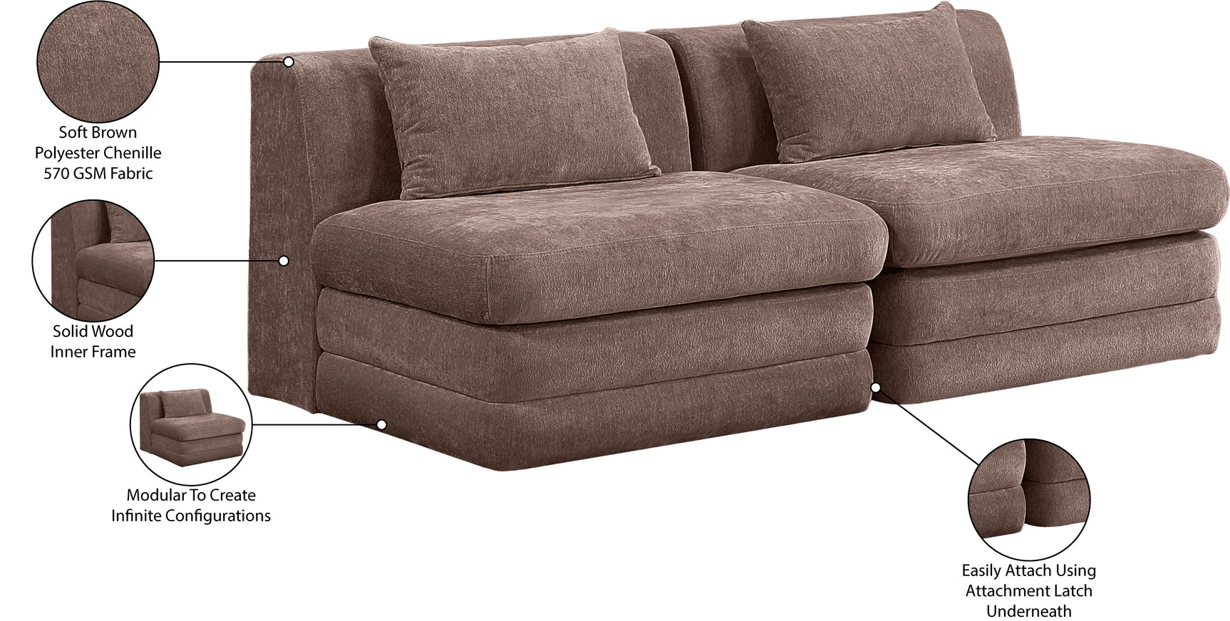 Newport Brown 76" Chenille Fabric Upholstered 2-Piece Armless Modular Loveseat - Ornate Home