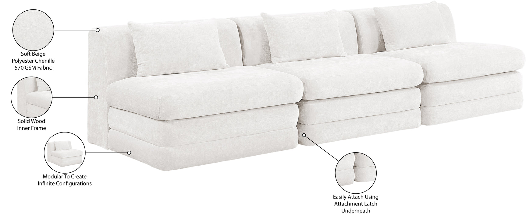 Newport Cream 114" Chenille Fabric Upholstered 3-Piece Armless Modular Sofa - Ornate Home