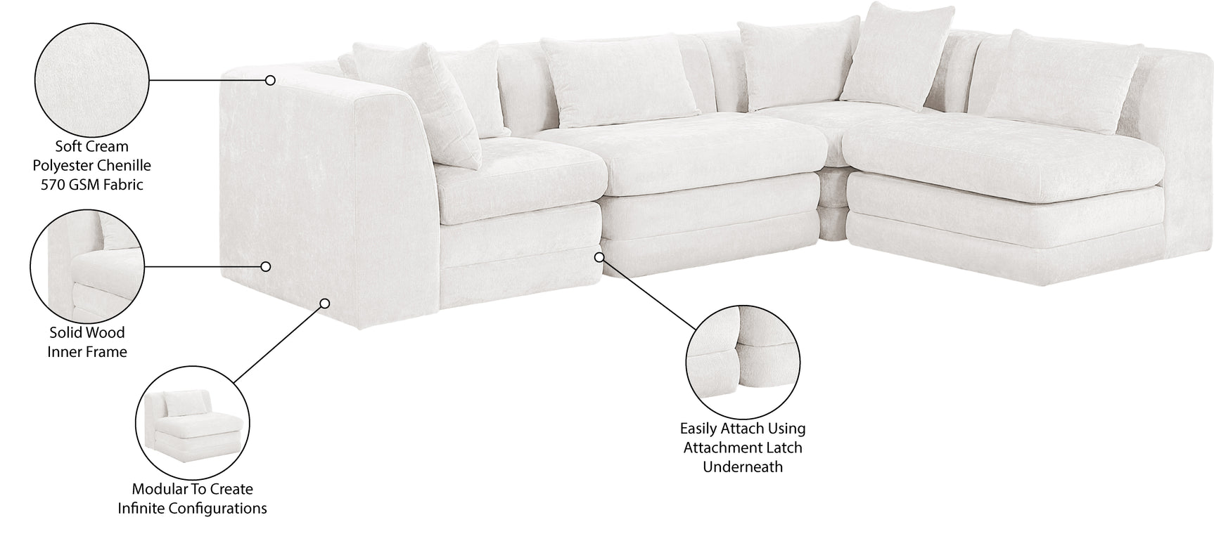 Newport Cream 114" Chenille Fabric Upholstered 4-Piece L Shaped Modular Sectional - Ornate Home