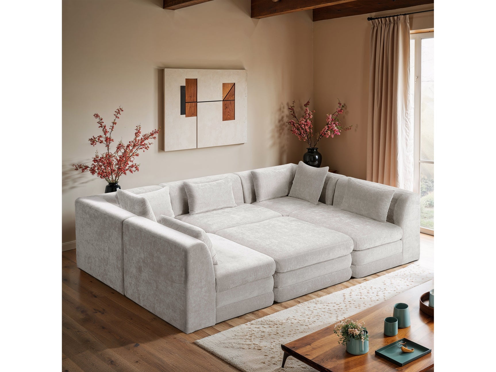 Newport Cream 114" Chenille Fabric Upholstered 6-Piece Modular Sectional - Ornate Home