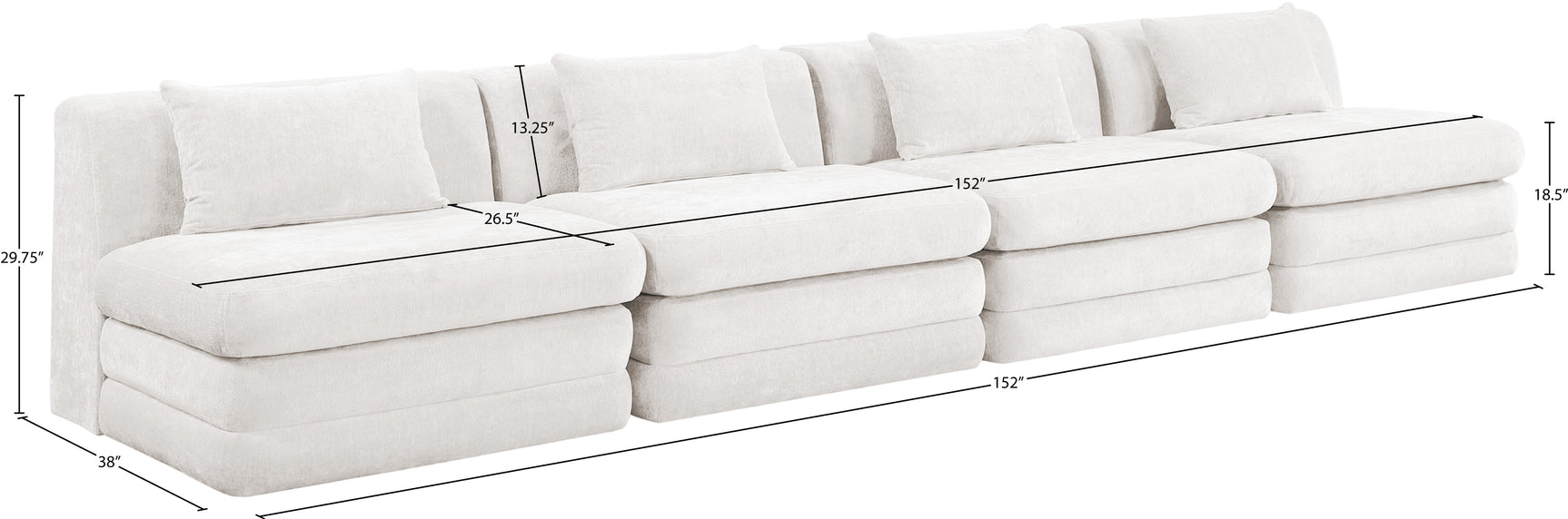 Newport Cream 152" Chenille Fabric Upholstered 4-Piece Armless Modular Sofa - Ornate Home