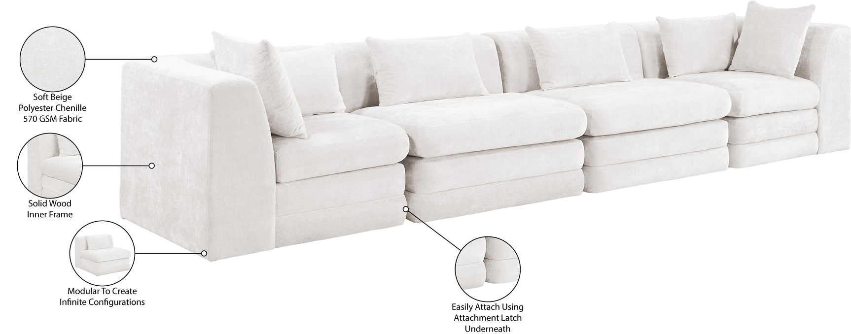 Newport Cream 152" Chenille Fabric Upholstered 4-Piece Modular Sofa - Ornate Home