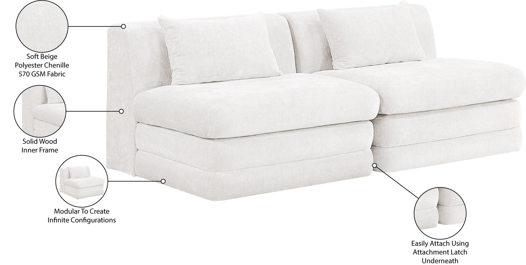 Newport Cream 76" Chenille Fabric Upholstered 2-Piece Armless Modular Loveseat - Ornate Home