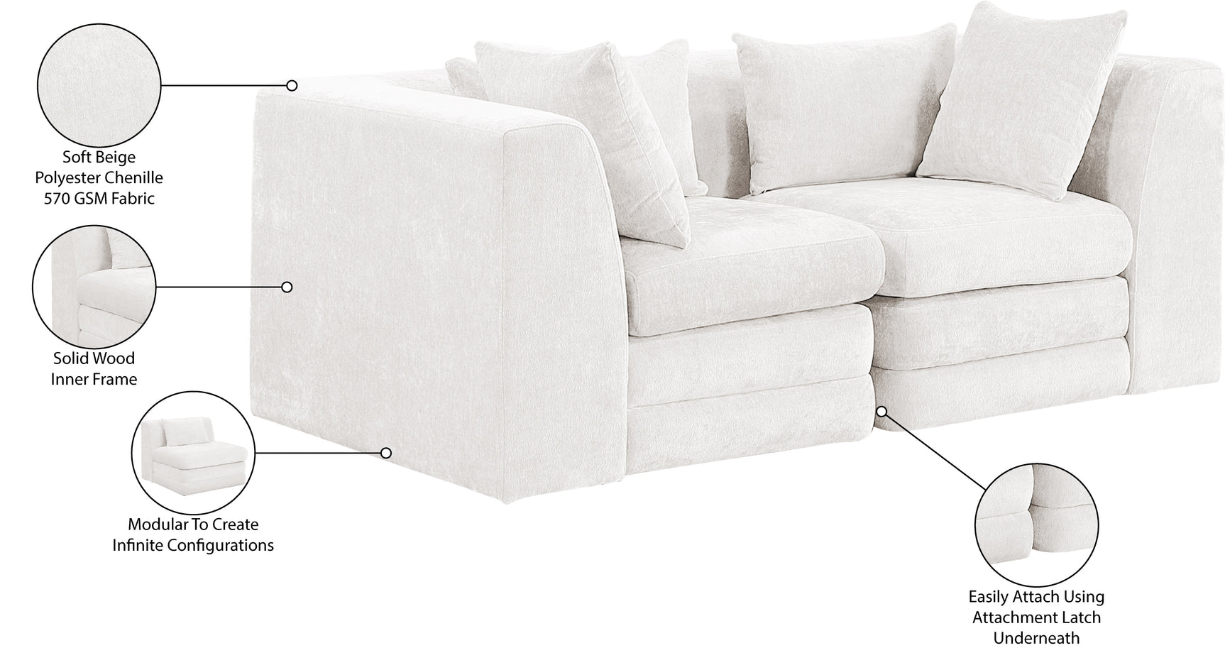 Newport Cream 76" Chenille Fabric Upholstered 2-Piece Modular Loveseat - Ornate Home