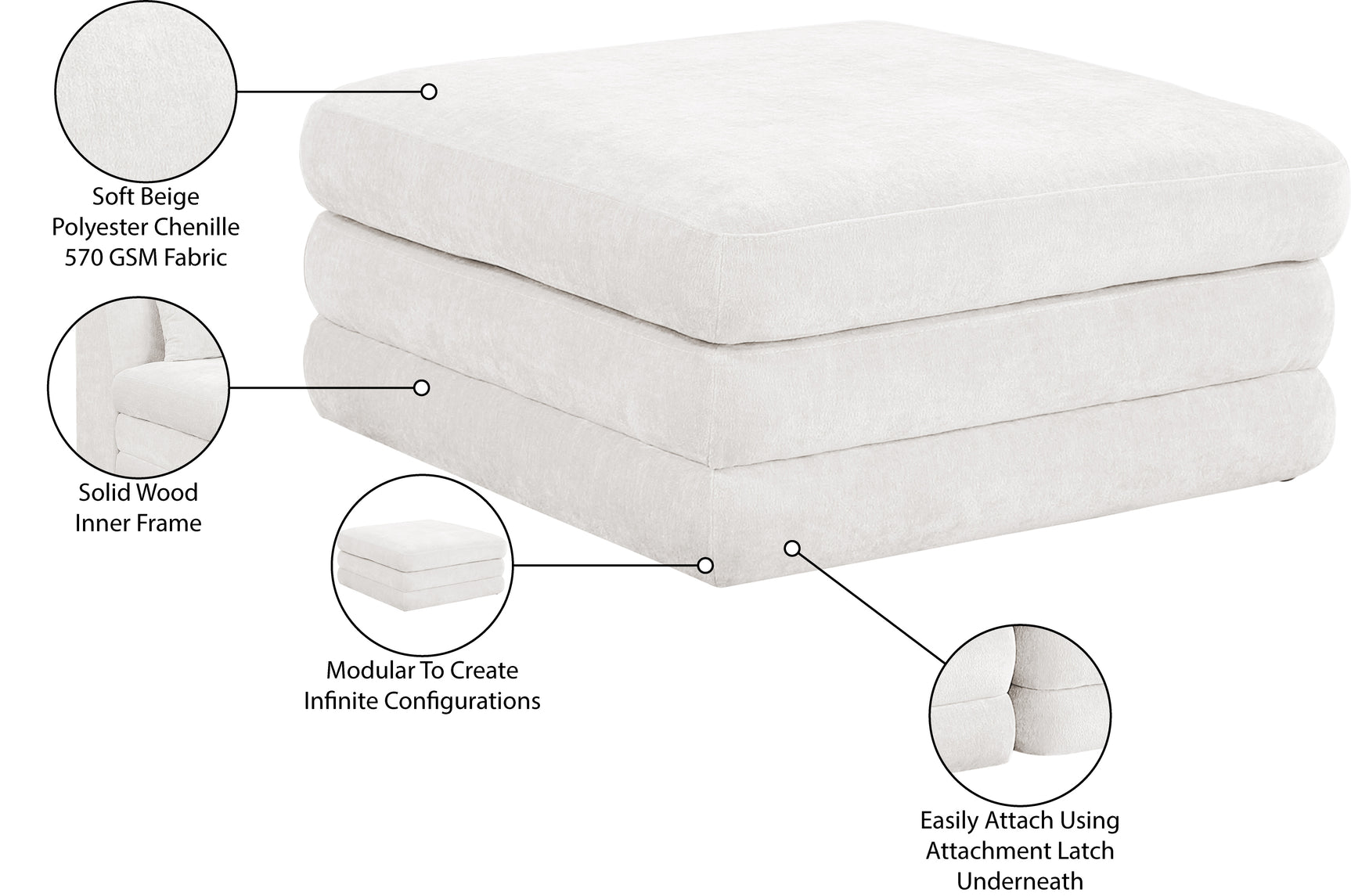Newport Cream Fabric Upholstered Modular Ottoman - Ornate Home