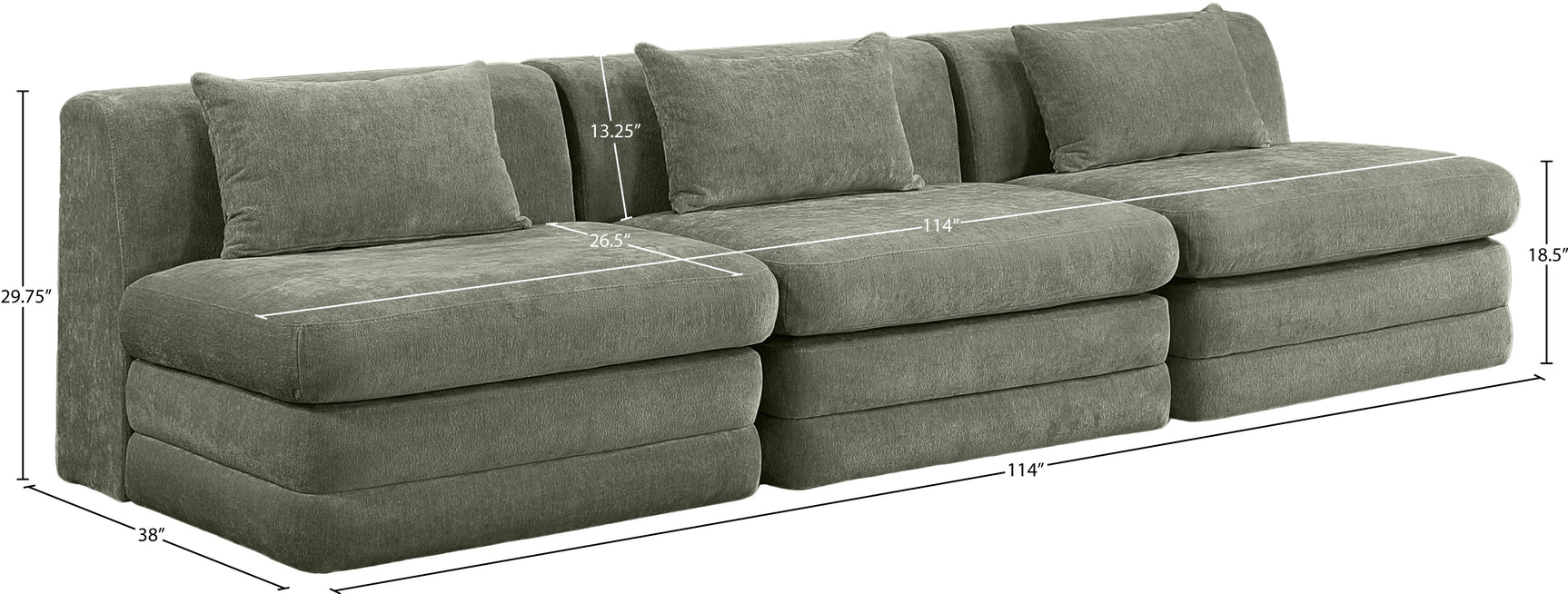 Newport Green 114" Chenille Fabric Upholstered 3-Piece Armless Modular Sofa - Ornate Home