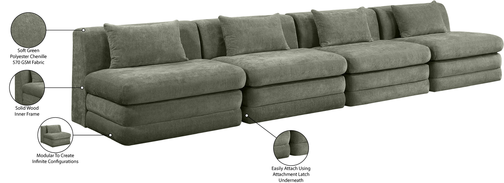 Newport Green 152" Chenille Fabric Upholstered 4-Piece Armless Modular Sofa - Ornate Home